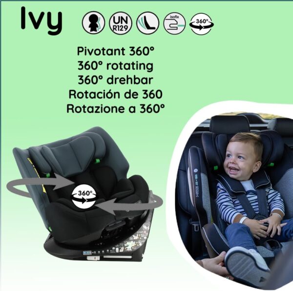 Seggiolino auto IVY, girevole a 360° - Taglia I 40-150 cm - Trasformabile dalla nascita a circa 12 anni - Gruppo 0+/1/2/3 - Fissaggi Isofix - Protezioni laterali