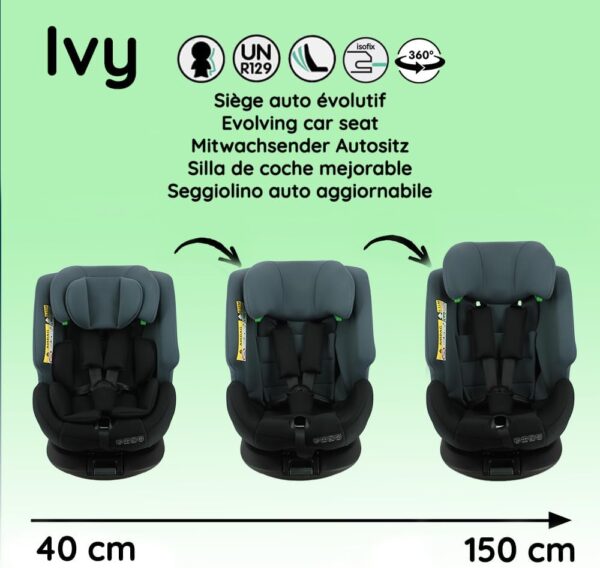 Seggiolino auto IVY, girevole a 360° - Taglia I 40-150 cm - Trasformabile dalla nascita a circa 12 anni - Gruppo 0+/1/2/3 - Fissaggi Isofix - Protezioni laterali