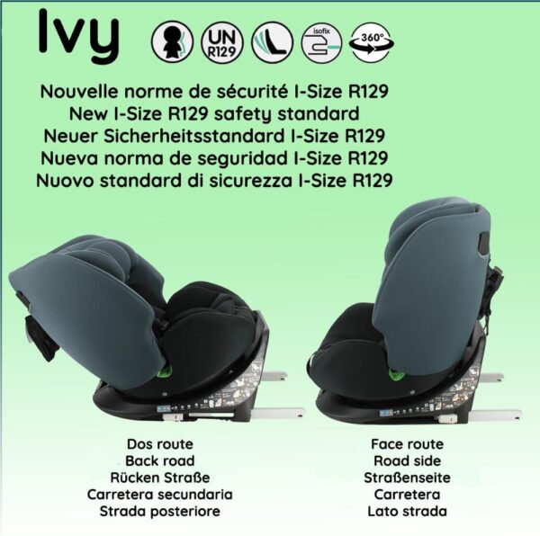 Seggiolino auto IVY, girevole a 360° - Taglia I 40-150 cm - Trasformabile dalla nascita a circa 12 anni - Gruppo 0+/1/2/3 - Fissaggi Isofix - Protezioni laterali