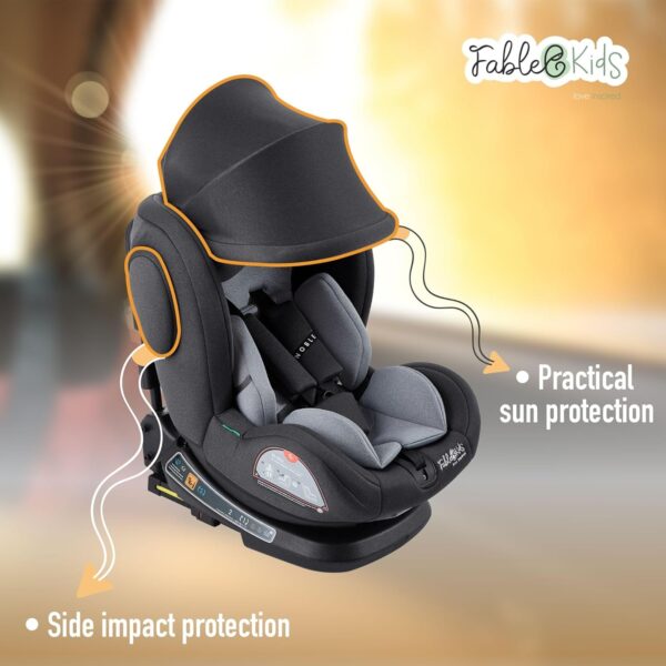 FableKids Seggiolino auto con Isofix | ruotabile a 360° | seggiolino per bambini i-Size 40-150cm | cintura di sicurezza a 5 punti | poggiatesta regolabile in 8 posizioni ECE R129/03 | grigio