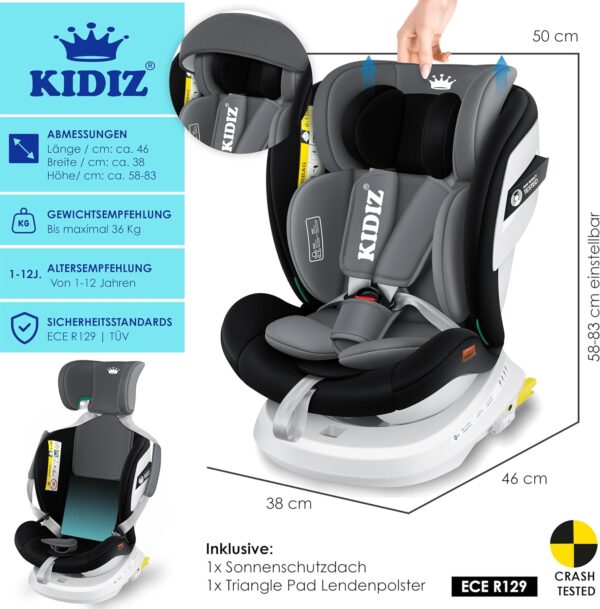 KIDIZ® Seggiolino auto per bambini Seggiolino auto per neonati Seggiolino auto per bambini Isofix Top Tether Girevole a 360° Gruppo 0/1/2/3 dalla nascita 0-36kg, nero