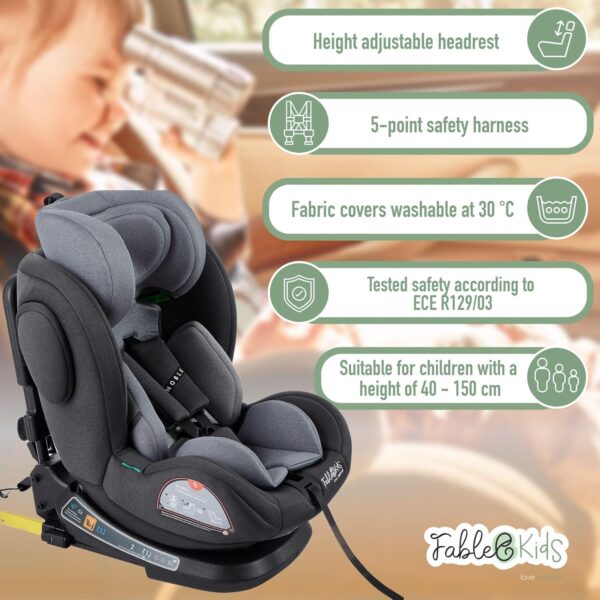 FableKids Seggiolino auto con Isofix | ruotabile a 360° | seggiolino per bambini i-Size 40-150cm | cintura di sicurezza a 5 punti | poggiatesta regolabile in 8 posizioni ECE R129/03 | grigio