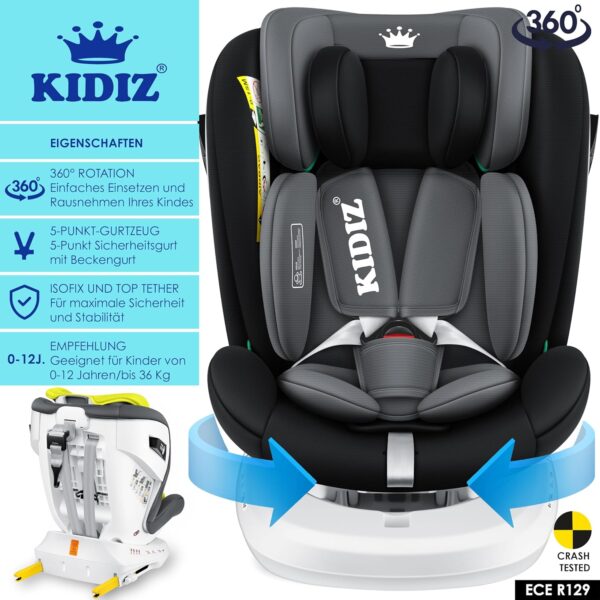 KIDIZ® Seggiolino auto per bambini Seggiolino auto per neonati Seggiolino auto per bambini Isofix Top Tether Girevole a 360° Gruppo 0/1/2/3 dalla nascita 0-36kg, nero