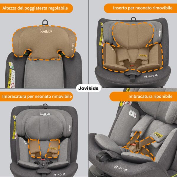 Jovikids i-Size Seggiolino Auto ISOFIX Girevole 360°Reclinabile - 40-150 cm ECE R129/E4, dalla Nascita a Circa 12 anni - ISOFIX, Piede di Supporto - grigio