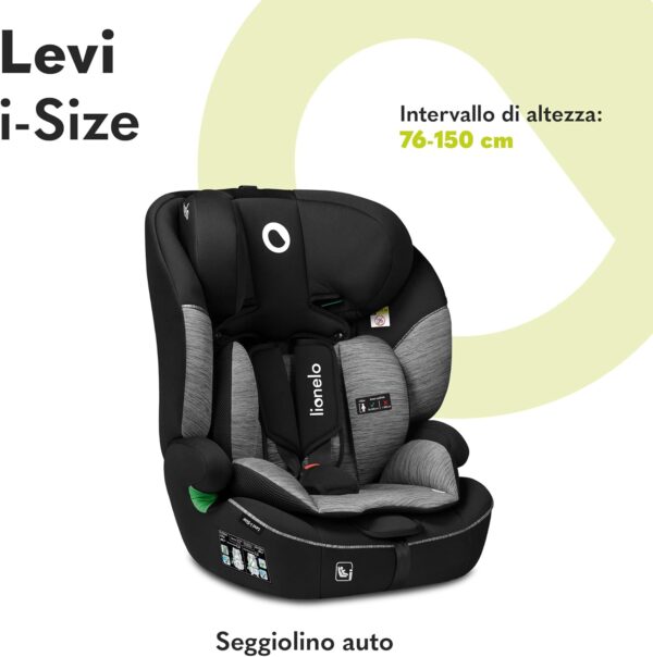 LIONELO LEVI I-SIZE Seggiolino auto per bambini 76-150 cm con l'ultima Norma i-Size R129 Gruppo 1 2 3 Protezione laterale, 10 Livelli di regolazione del poggiatesta, Braccioli, Schienale staccabile