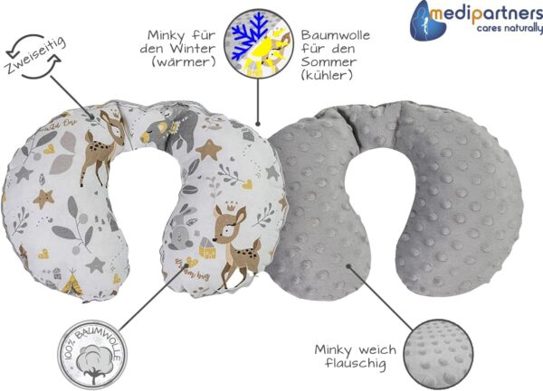 Cuscino cervicale per bambini 100% Cotone/Minky Medi Partners Cuscinetti cervicale per auto per il collo del sonno da Viaggio in Auto Passeggino (Cervo con Minky grigio)