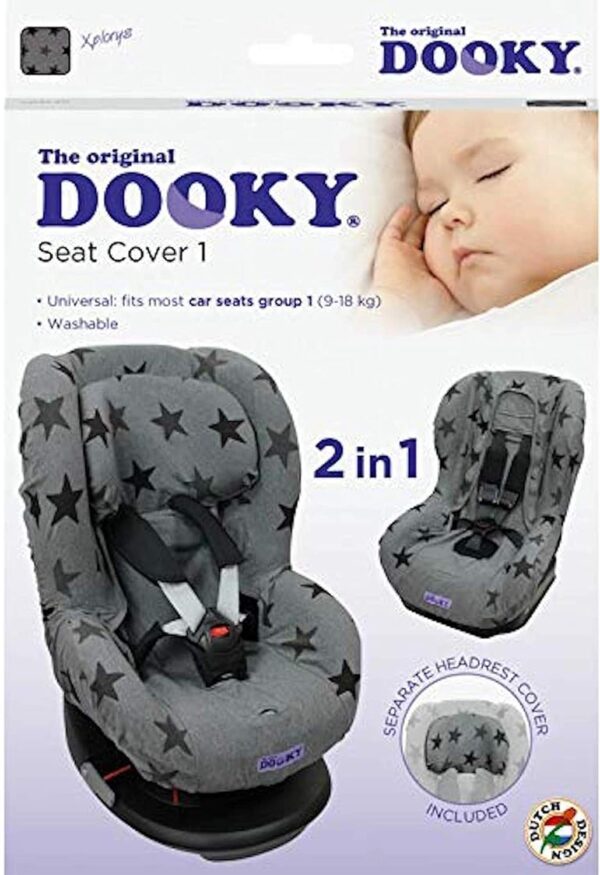 Dooky Black Uni - Coprisedile universale per seggiolino, per molti modelli comuni, gruppo di età 1+ 9-18 kg, sistema di cintura a 3 e 5 punti, colore nero