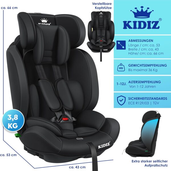 KIDIZ® Seggiolino auto per bambini, gruppo 1 + 2 + 3, 9 – 36 kg, cintura di sicurezza a 5 punti, seggiolino auto, poggiatesta regolabile, rialzo del sedile da 1 – 12 anni, stabile e sicuro