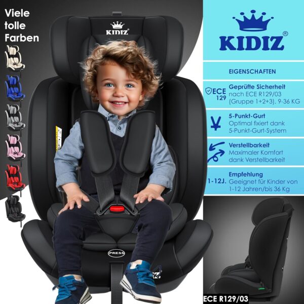 KIDIZ® Seggiolino auto per bambini, gruppo 1 + 2 + 3, 9 – 36 kg, cintura di sicurezza a 5 punti, seggiolino auto, poggiatesta regolabile, rialzo del sedile da 1 – 12 anni, stabile e sicuro