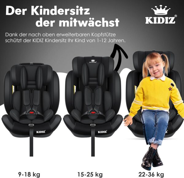 KIDIZ® Seggiolino auto per bambini, gruppo 1 + 2 + 3, 9 – 36 kg, cintura di sicurezza a 5 punti, seggiolino auto, poggiatesta regolabile, rialzo del sedile da 1 – 12 anni, stabile e sicuro