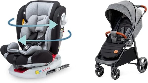 Seggiolino Auto, Seggiolone Auto per Bambini 0 Mesi - 12 Anni, Seduta Auto Bimbi & Kinderkraft GRANDE PLUS Passeggino Leggero dalla Nascita Fino 22 kg, Cappottina XL, Grigio