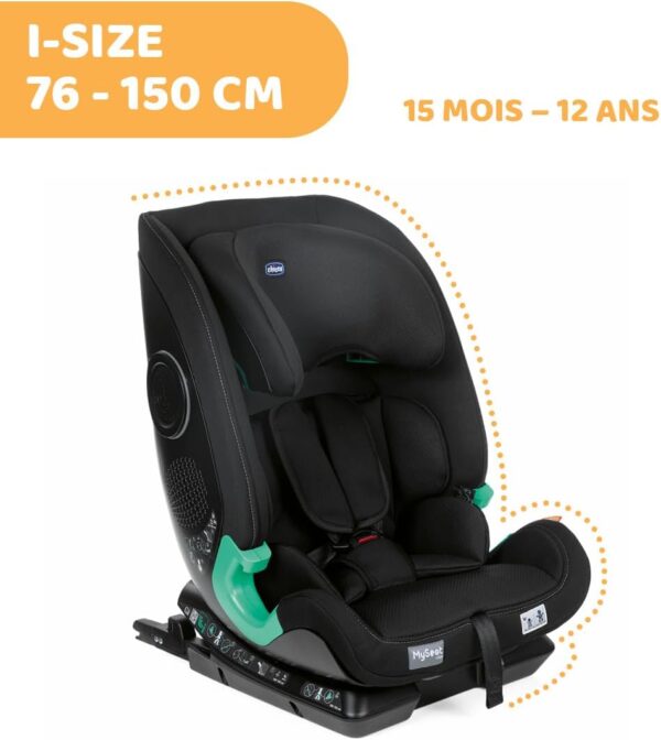 Chicco MySeat Seggiolino Auto, Sistema Isofix e Top Tether, con Cinture Integrate, Reclinabile, Regolabile in Altezza, Size, 76-150 cm, 15 Mesi, Nero