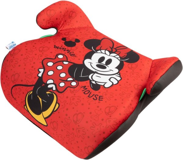 Disney Minnie Mouse Seggiolino alzatina auto i-Size ECE R129. Alzabimbo per la sicurezza dei bambini con altezza da 125 a 150 cm. Rialzo con grafiche di Minnie, seduta per bimbi su fondo rosso.