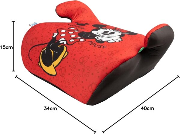 Disney Minnie Mouse Seggiolino alzatina auto i-Size ECE R129. Alzabimbo per la sicurezza dei bambini con altezza da 125 a 150 cm. Rialzo con grafiche di Minnie, seduta per bimbi su fondo rosso.