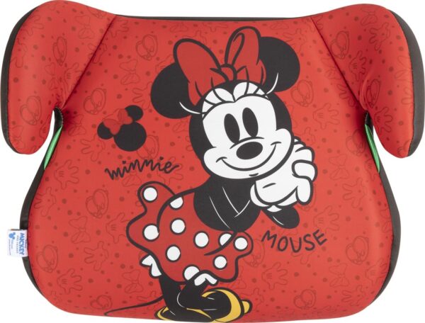 Disney Minnie Mouse Seggiolino alzatina auto i-Size ECE R129. Alzabimbo per la sicurezza dei bambini con altezza da 125 a 150 cm. Rialzo con grafiche di Minnie, seduta per bimbi su fondo rosso.