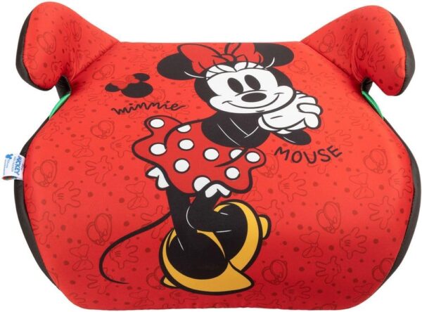 Disney Minnie Mouse Seggiolino alzatina auto i-Size ECE R129. Alzabimbo per la sicurezza dei bambini con altezza da 125 a 150 cm. Rialzo con grafiche di Minnie, seduta per bimbi su fondo rosso.