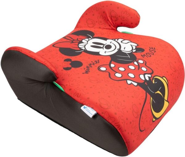 Disney Minnie Mouse Seggiolino alzatina auto i-Size ECE R129. Alzabimbo per la sicurezza dei bambini con altezza da 125 a 150 cm. Rialzo con grafiche di Minnie, seduta per bimbi su fondo rosso.