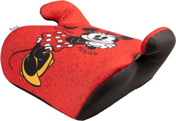 Disney Minnie Mouse Seggiolino alzatina auto i-Size ECE R129. Alzabimbo per la sicurezza dei bambini con altezza da 125 a 150 cm. Rialzo con grafiche di Minnie, seduta per bimbi su fondo rosso.