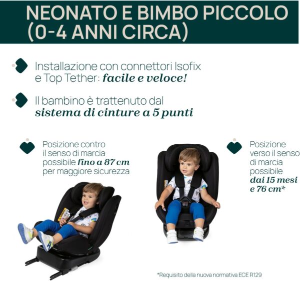 Chicco Unico Evo I-Size, Seggiolino Auto 0-36 Kg, omologato ECE R129/03, Isofix Girevole A 360° E Reclinabile, Gruppo 0+/1/2/3 Da 0 A 12 Anni