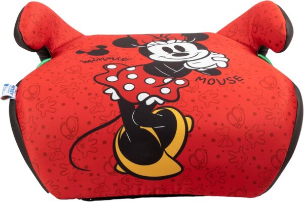 Disney Minnie Mouse Seggiolino alzatina auto i-Size ECE R129. Alzabimbo per la sicurezza dei bambini con altezza da 125 a 150 cm. Rialzo con grafiche di Minnie, seduta per bimbi su fondo rosso.