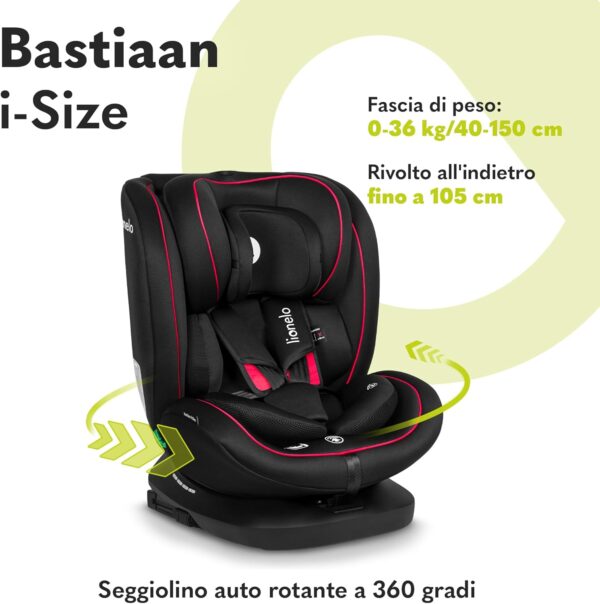 Lionelo Bastiaan i-Size Seggiolino Auto Evolutivo 4-in-1 per bambini 0-12 Anni (40-150 cm) ISOFIX, 21 Regolazioni, Girevole 360° Protezione Laterale, Nero Rosso