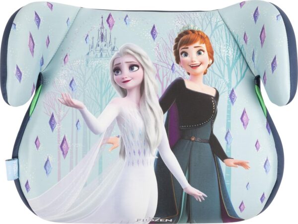 Disney Frozen Seggiolino alzatina auto i-Size ECE R129. Alzabimbo per la sicurezza dei bambini con altezza da 125 a 150 cm. Rialzo con grafiche di Elsa e Anna, seduta per bimbi su fondo azzurro.