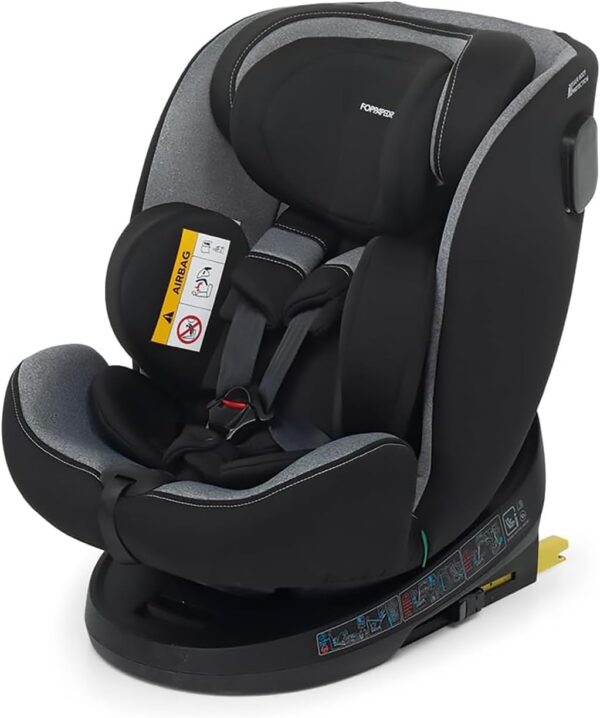 Foppapedretti Seggiolino Auto Circle I-Size, Seduta Girevole a 360°, per bambini da 40 a 150 cm di altezza, 0-12 anni, conforme ECE R129, Fissaggio Isofix e TopTether, Safe Body Protection, Carbon