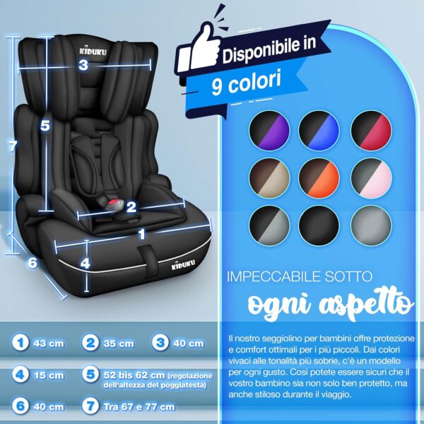 KIDUKU Seggiolino auto, cresce con il bambino, sedile, universale, approvato con la normativa ECE R129/03, 9-36 kg (1-12 anni), gruppo 1+2+3 (Noir)