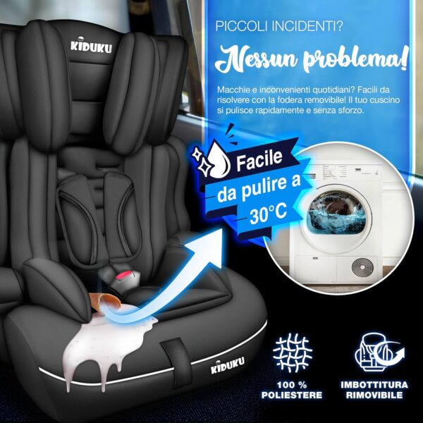 KIDUKU Seggiolino auto, cresce con il bambino, sedile, universale, approvato con la normativa ECE R129/03, 9-36 kg (1-12 anni), gruppo 1+2+3 (Noir)