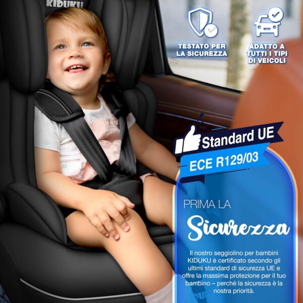 KIDUKU Seggiolino auto, cresce con il bambino, sedile, universale, approvato con la normativa ECE R129/03, 9-36 kg (1-12 anni), gruppo 1+2+3 (Noir)