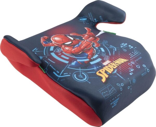 Marvel Spiderman Seggiolino alzatina auto i-Size ECE R129/03. Alzabimbo per la sicurezza dei bambini con altezza da 126 a 150 cm. Rialzo con grafiche del supereroe, seduta per bimbi su fondo blu.