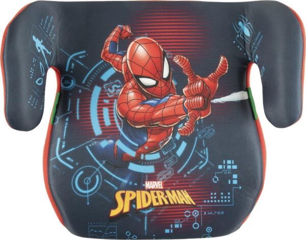 Marvel Spiderman Seggiolino alzatina auto i-Size ECE R129/03. Alzabimbo per la sicurezza dei bambini con altezza da 126 a 150 cm. Rialzo con grafiche del supereroe, seduta per bimbi su fondo blu.