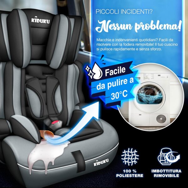 KIDUKU Seggiolino auto con coprisedile, cresce con il bambino, sedile, universale, approvato con la normativa ECE R129/03, 9-36 kg (1-12 anni), gruppo 1+2+3 (Nero-Grigio) - Image 6