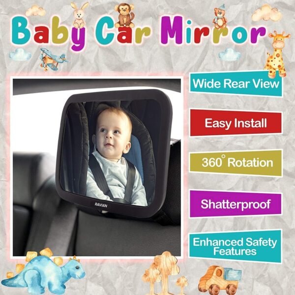 Specchio per auto per bambini per sedile posteriore - Specchio per seggiolino auto più sicuro con vista cristallina, infrangibile nero - immagine 3
