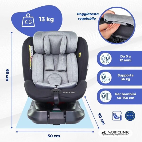 Mobiclinic® kids, Seggiolino auto, 360°, I-size, Isofix, Gruppo 0/1/2/3, Evolutivo, Da 0 a 12 anni, Cintura 5 punti, Poggiagambe di sicurezza, Regolabile, Reclinabile in 3 posizioni - immagine 2