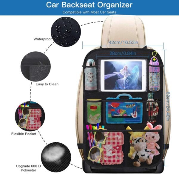 UIHOL Organizer Sedile Auto Bambini, 2 Pcs Protezione Proteggi Sedile Posteriore con Multi-Tasca Portaoggetti (9 Pocket), Impermeabile Organizzatore Auto con Supporto Trasparente per 10” ipad Tablet - immagine 2