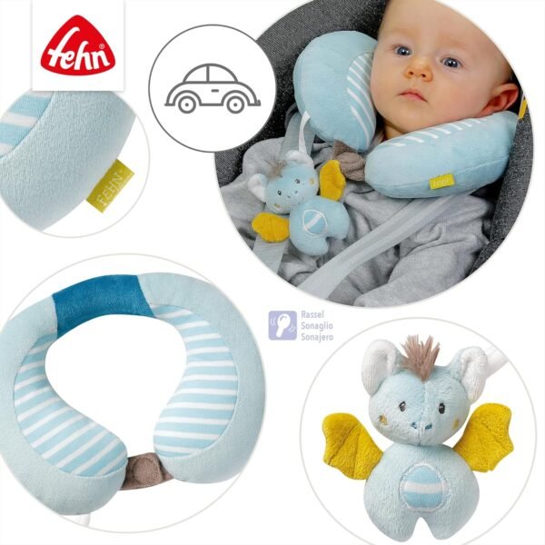 Fehn Cuscino per collo di pipistrello Fehn, poggiatesta ergonomico con simpatico animale sonaglio, auto, carrozzina e seggiolino, neonati bambini da 6+ mesi - immagine 4