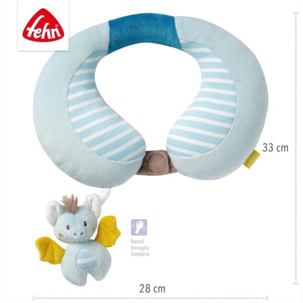Fehn Cuscino per collo di pipistrello Fehn, poggiatesta ergonomico con simpatico animale sonaglio, auto, carrozzina e seggiolino, neonati bambini da 6+ mesi - immagine 5