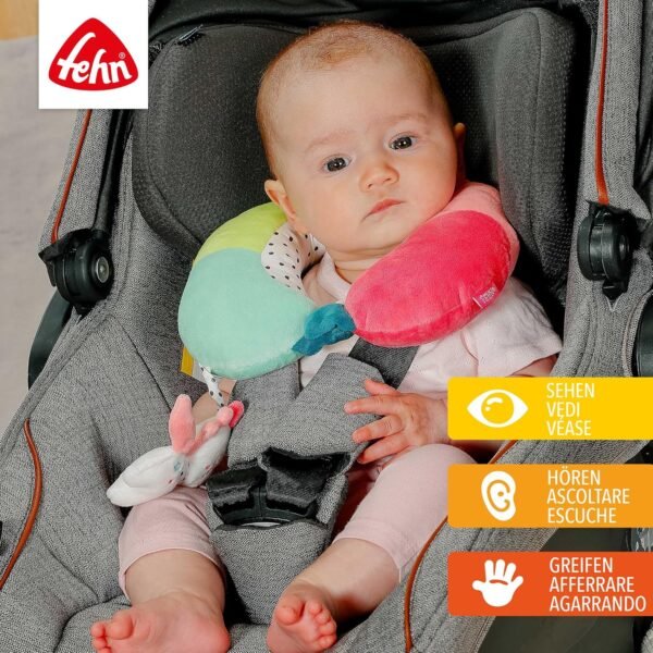 Fehn Cuscino per il collo a eleganterno poggiatesta ergonomico con simpatico animale a sonaglio eleganterno poggiatesta sicuro per auto, carrozzina e seggiolino per neonati e bambini da 6+ mesi - immagine 2